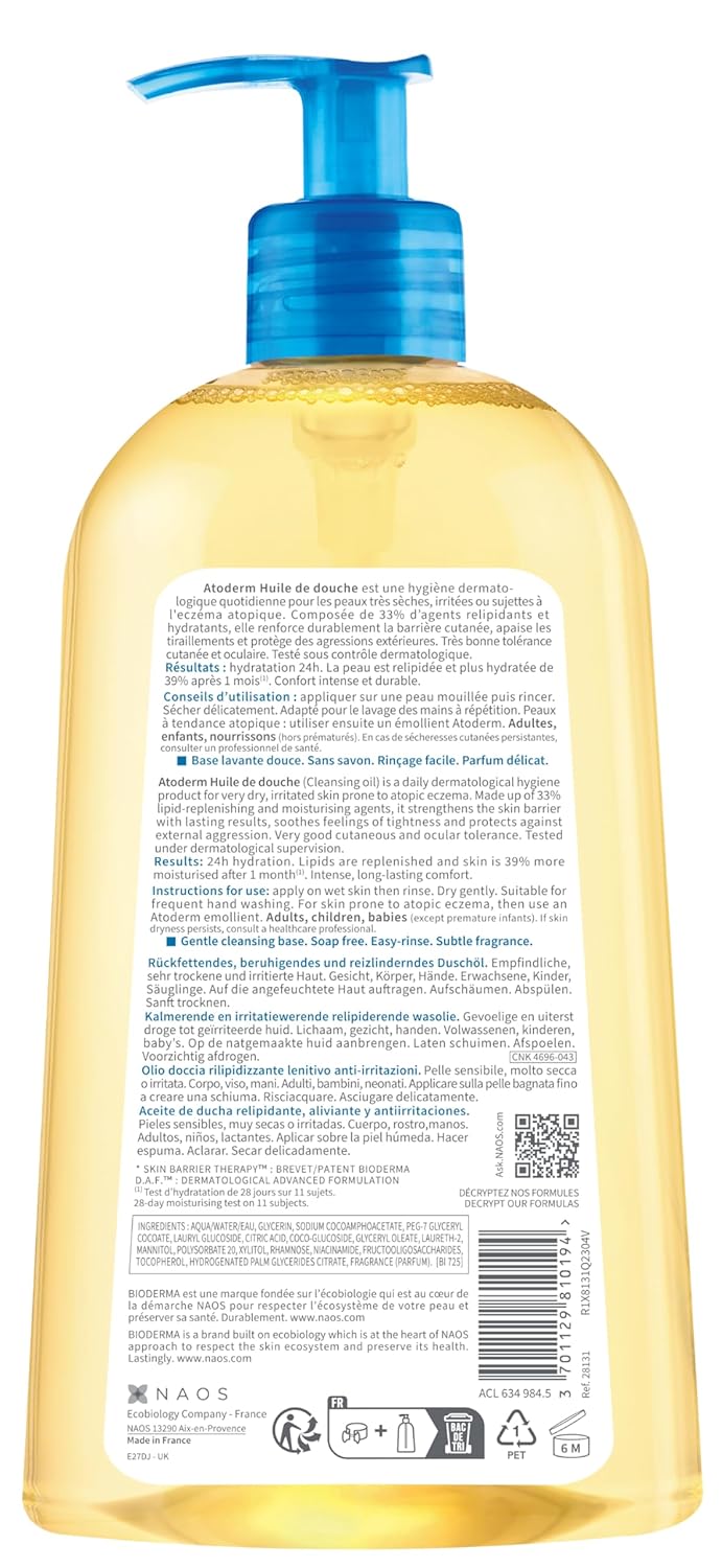 Bioderma Atoderm Shower Oil, Cleansing Oil For Face & Body, Nourishing Cleansing Oil For Dry to Atopic Sensitive Skin For Softer & Smooth Skin For Your Whole Family