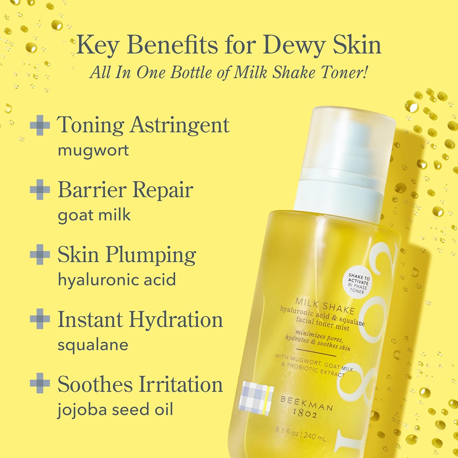 Beekman 1802 Milk Shake Hydrating Toner & Face Mist - Hyaluronic Acid & Squalane - Gentle - Minimizes Pores & Soothes Redness - Alcohol Free, Non-Comedogenic, Cruelty Free, Fragrance Free