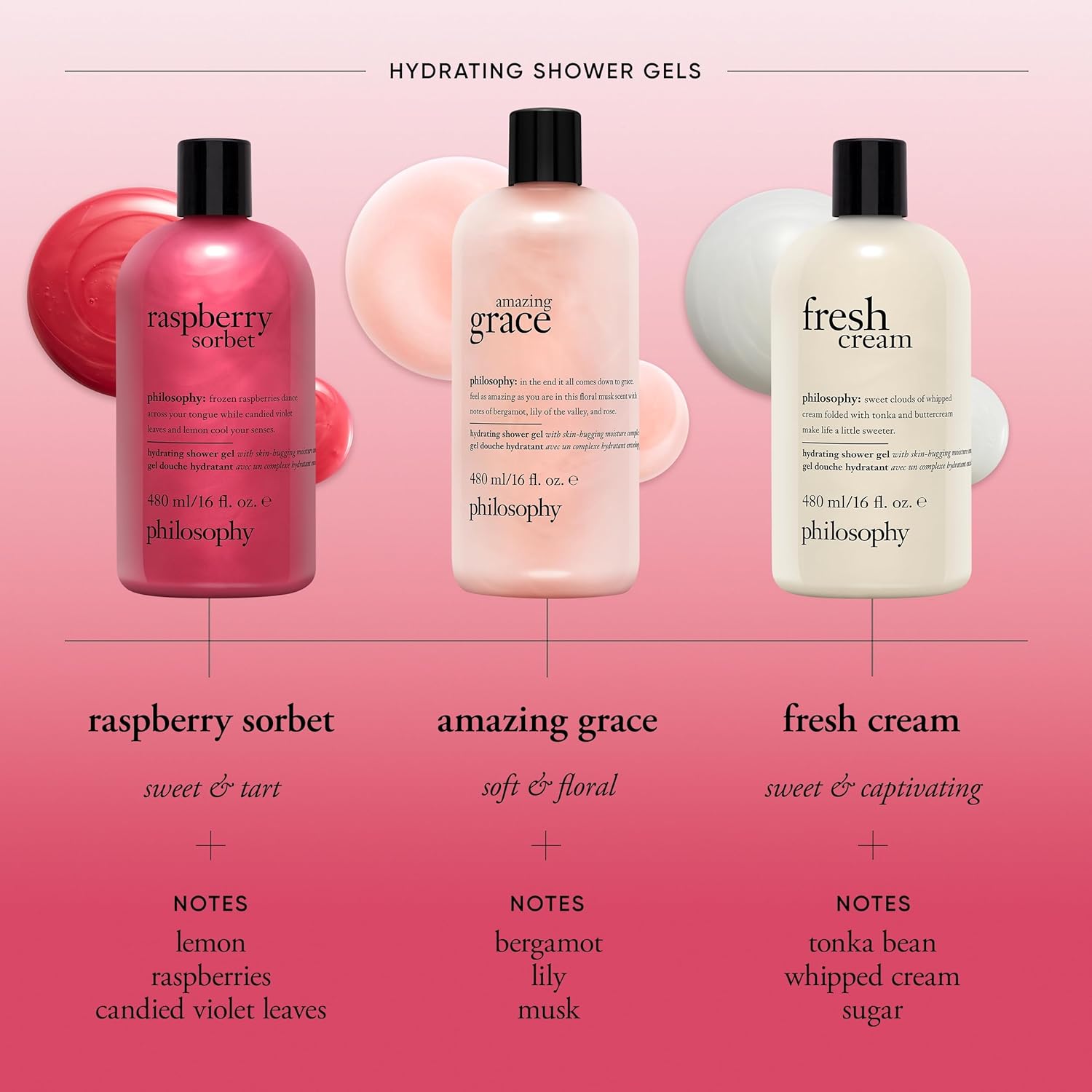 philosophy scent-sational hydrating bath & shower gels - efficiently cleanses, soothes & comforts dry skin - vegan & cruelty free formula