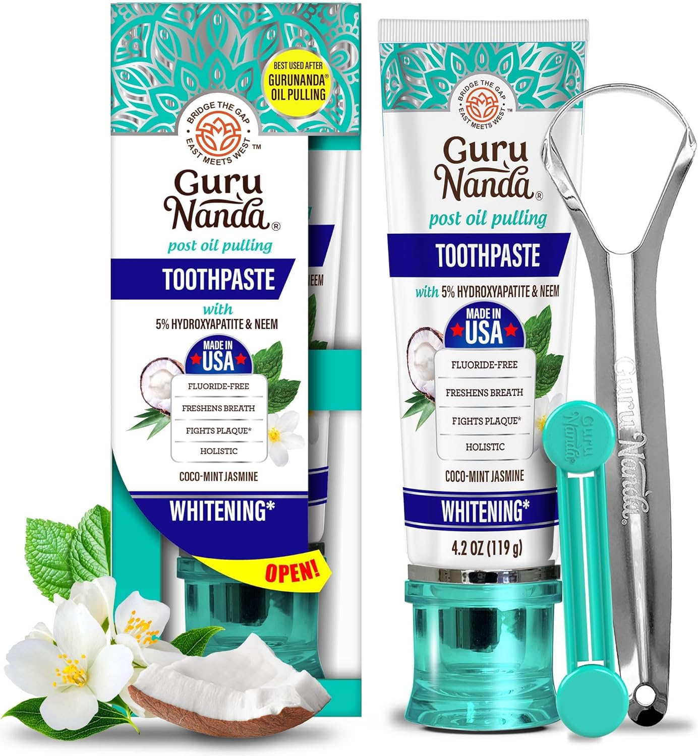 GuruNanda Hydroxyapatite Toothpaste, SLS & Fluoride Free, Whitening Toothpaste - Freshens Breath, Fights Plaque - Natural CocoMint Jasmine Neem, 4.2oz