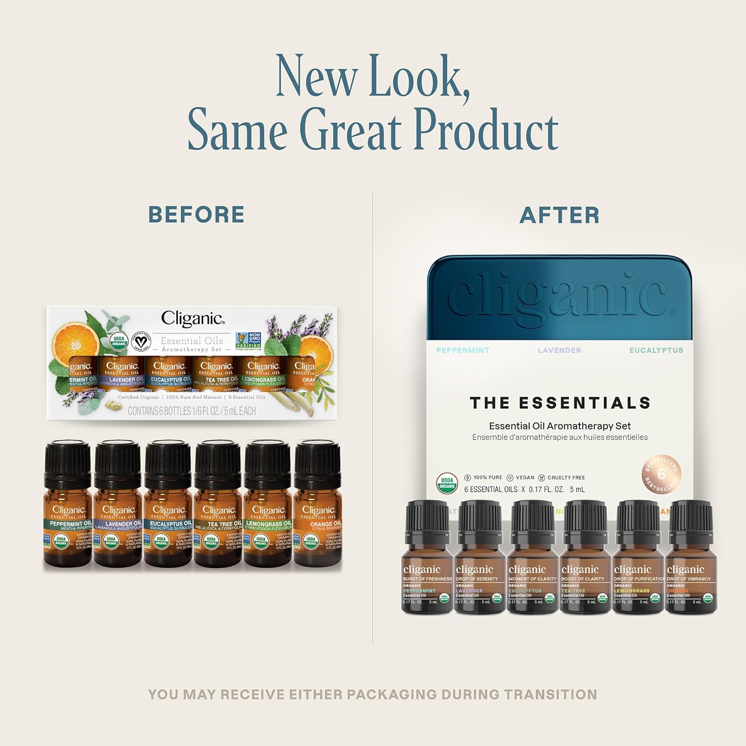 Cliganic Organic Aromatherapy Essential Oils Set (Top 6 - The Essentials), 100% Pure Natural - Peppermint, Lavender, Eucalyptus, Tea Tree, Lemongrass & Orange (Packaging May Vary)