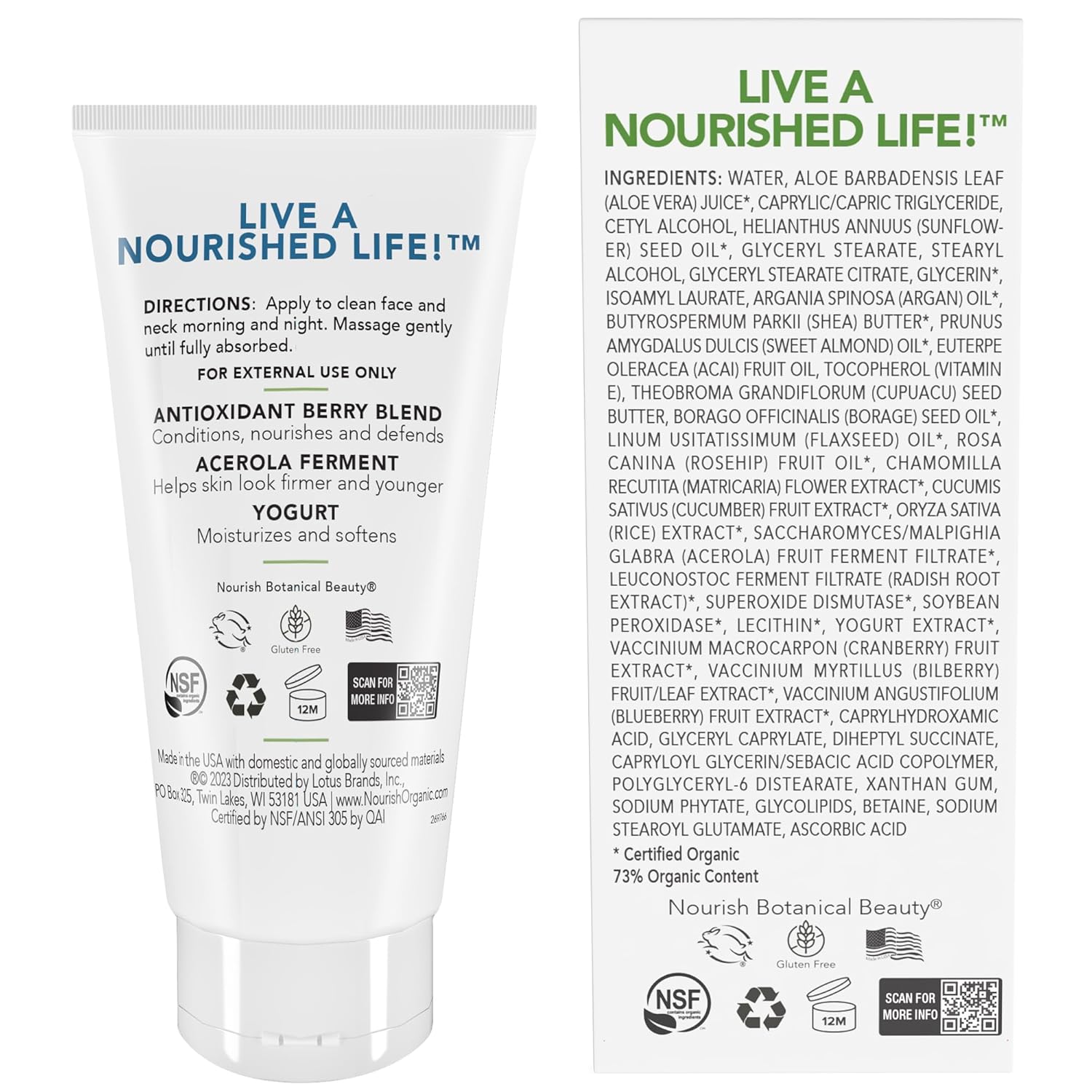 Nourish Organic Face Cream, Bilberry & Arctic Berries – Age Defense Formula with Aloe Vera & Borage Oil, 1.7 Oz + Washable Cotton Round