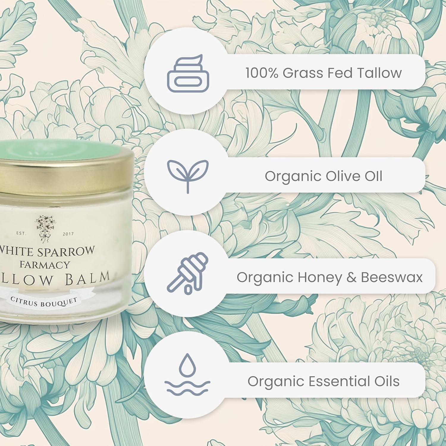 Organic Grass Fed Tallow Balm - (Citrus Bouquet) Organic Tallow from Grass Fed Cows & All Organic ingredients. For Face and Body. (2.0 oz)…