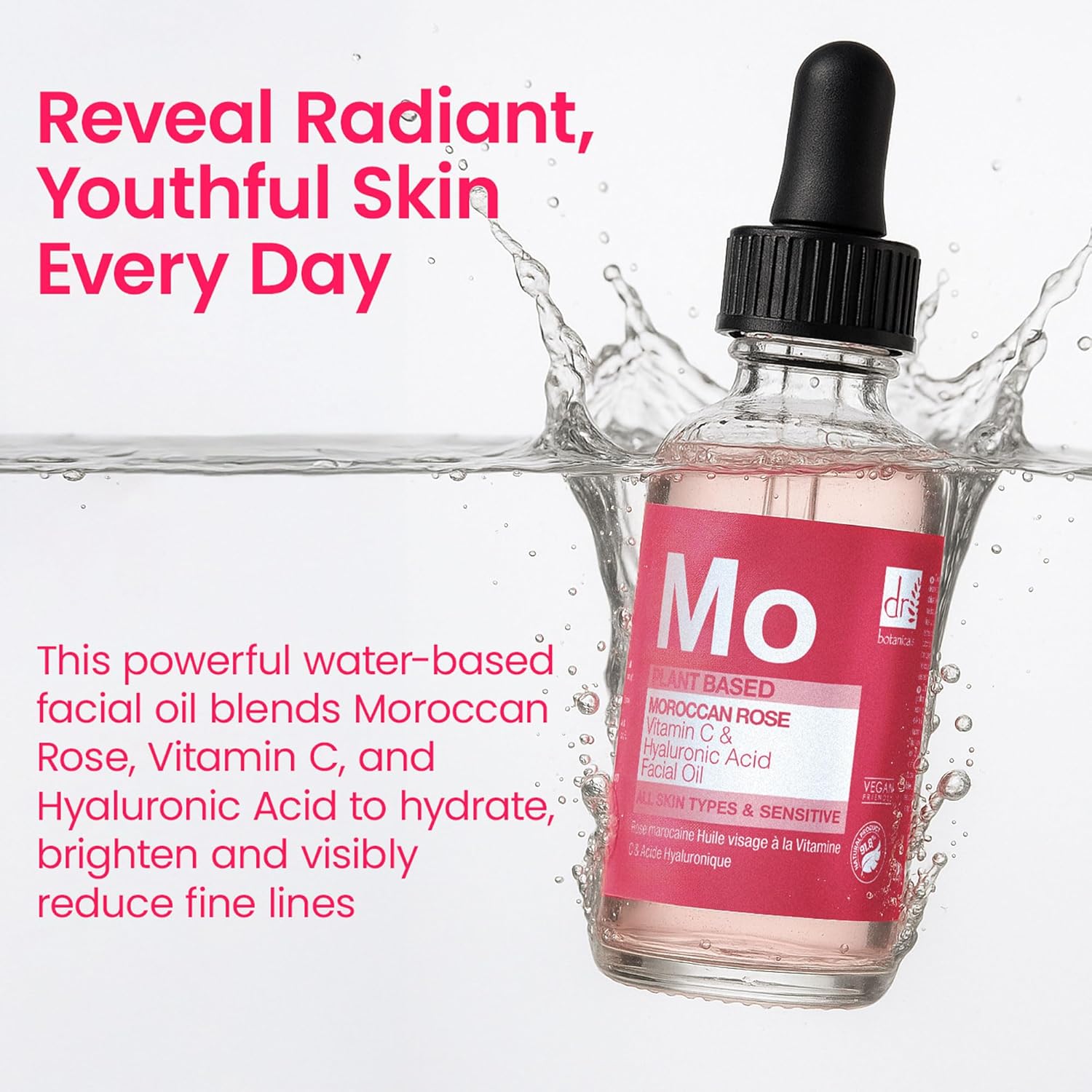 Dr Botanicals Moroccan Rose Oil -With Vitamin C & Hyaluronic Acid – Anti-Ageing, Brightening & Hydrating Water-Based Serum - Glow-Boosting Facial Oil for Radiant Skin – Made in UK – 30ml