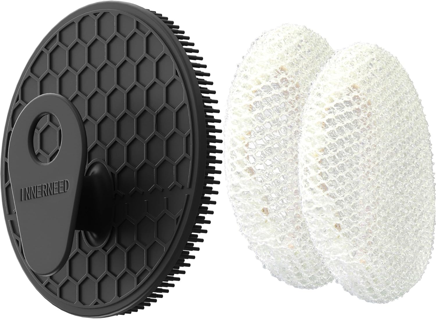 INNERNEED Food-Grade Soft Silicone Body Scrubber Shower Brush Handheld Cleansing Skin Brush, with Exfoliating Net Sponge Case (Black Brush)