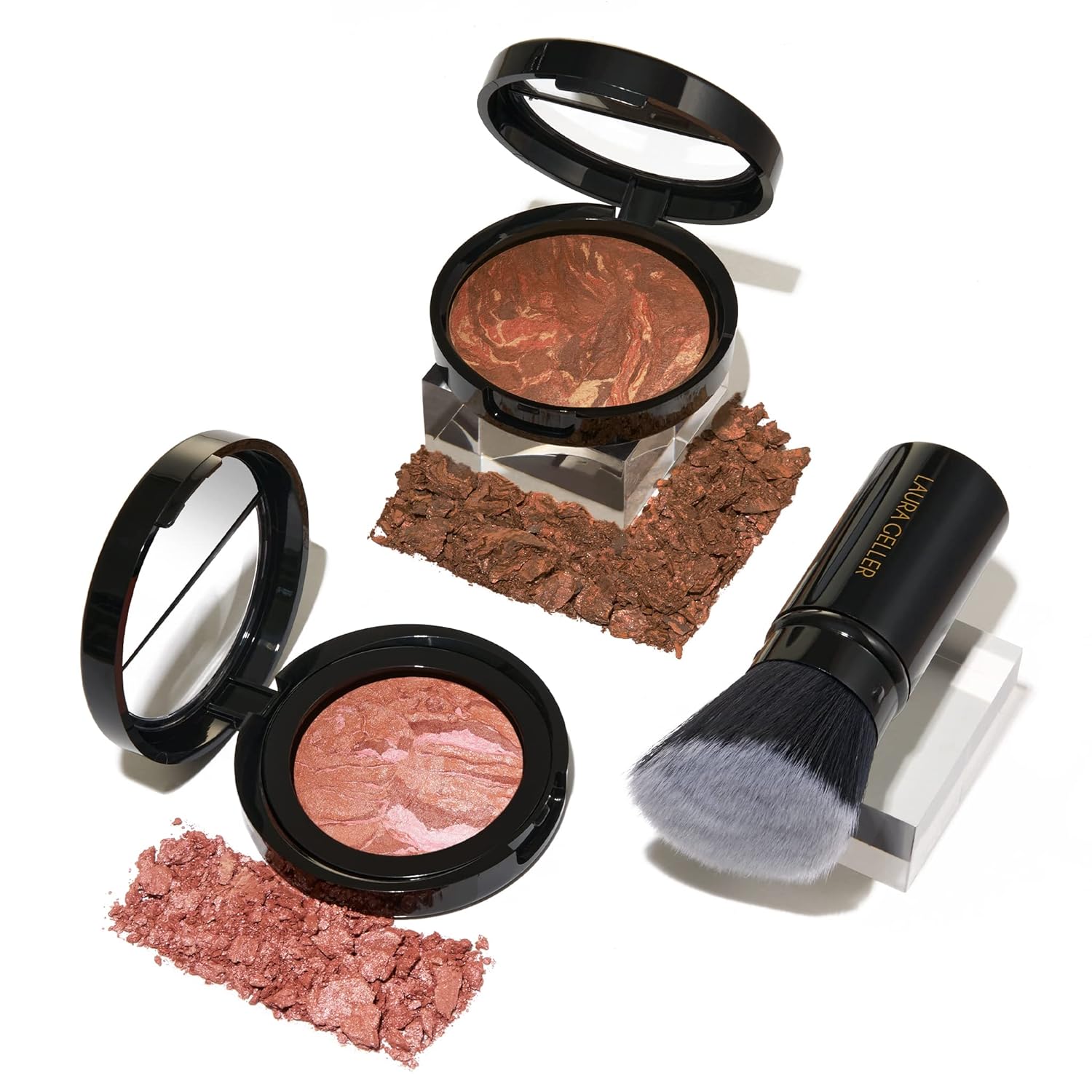 LAURA GELLER NEW YORK Baked Balance-N-Glow Illuminating Powder Foundation, Medium + Retractable Kabuki Brush + Baked Blush-N-Brighten, Pink Grapefruit