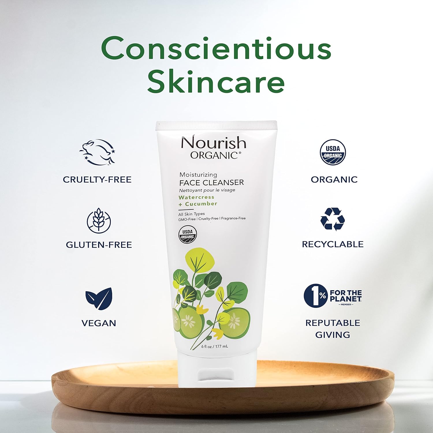 Nourish Organic Moisturizing Face Cleanser for All Skin Types, Watercress + Cucumber Face Wash, Fragrance-Free (6 Oz) + Washable Cotton Round