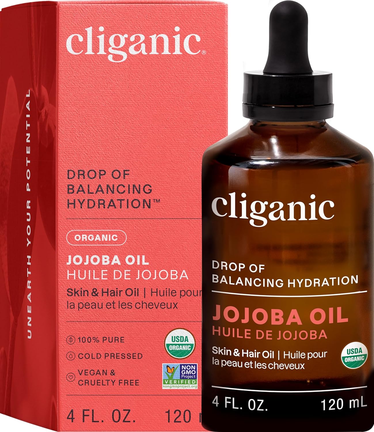 Cliganic Organic Jojoba Oil, 100% Pure (4oz) | Moisturizing for Face, Hair, Skin & Nails | Natural Cold Pressed Hexane Free | Base Carrier Oil (Packaging May Vary)