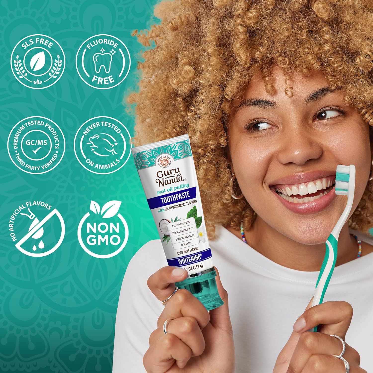 GuruNanda Hydroxyapatite Toothpaste, SLS & Fluoride Free, Whitening Toothpaste - Freshens Breath, Fights Plaque - Natural CocoMint Jasmine Neem, 4.2oz